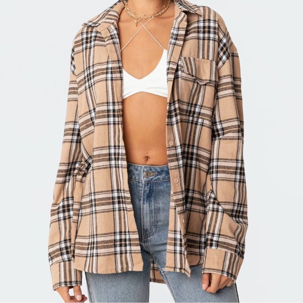 Edikted Brixton Plaid Flannel Button Down Shirt Tan